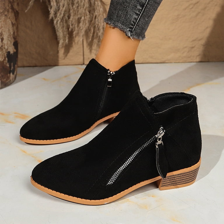 Lttvqm Suede Ankle Boots for Women Low Chunky Heel V Cut Cozy Booties with Side Zipper Slip On Elegant Business Casual Dress Boots Vintage Casual