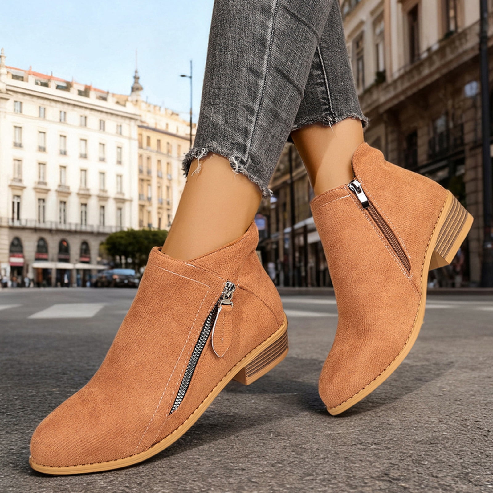 low cut dress boots LTTVQM Suede Ankle for Women Chunky Heel V Cozy Booties with Side Zipper Slip On Elegant Business Casual Boots Vintage Casual Size:One size (fit S-L) Patriotic Tulle 4th of plus size wedding bohemian dress Square toe