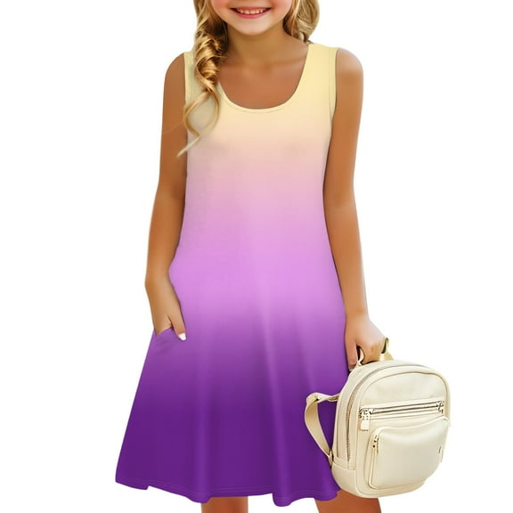 LTTVQM Summer Dresses for Toddlers Girls 7-8 Sleeveless Gradient Sundresses Vacation Round Neck Tank Dress Holiday Midi Dress with Pockets Royal Blue 7-8