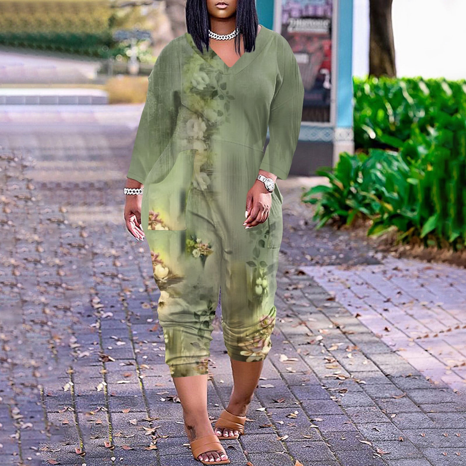 LTTVQM Summer Jumpsuit for Women Loose V Neck Zipper Jumpsuits Long Sleeve Rompers Overalls Wide Long Vintage Floral Print Jumpsuits Rompers with Pockets Gifts for Mom Green Large Walmart