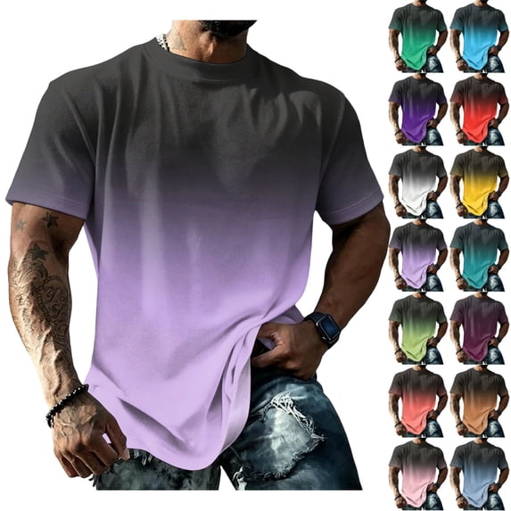 LTTVQM Summer Shirts for Men Gradient Short Sleeve Breathable Comfortable Crew Neck Summer Casual T Shirt Light Purple XL
