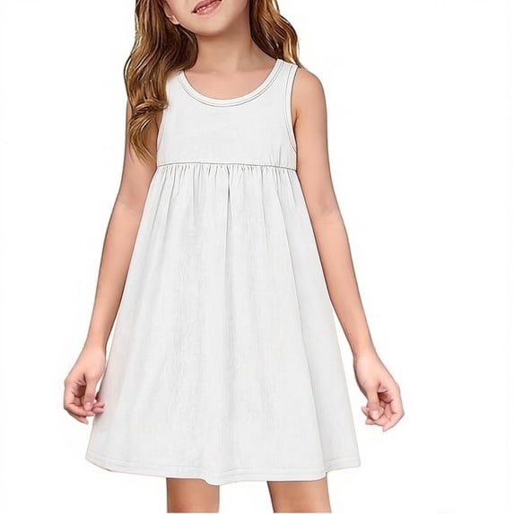LTTVQM Sun Dress for Girls Casual Solid Color Summer Spring Dresses Loose Fit Sleeveless Midi Dresses Vacation Crewneck A-Line Dresses White 9-10 Years