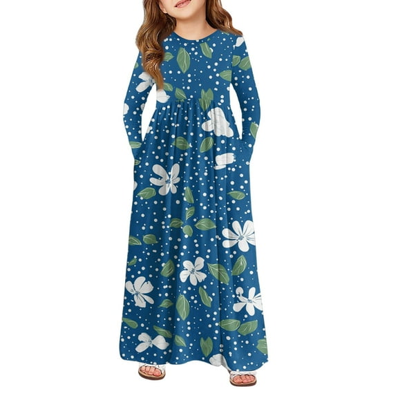 LTTVQM Sundresses for Girls 2025 Size 3-4 Fall Floral Long Sleeve Sundresses Cute Round Neck A-Line Dress Trendy Cover Up Dress with Pocket Light Blue 3-4