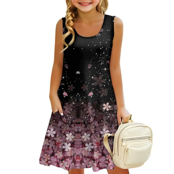 LTTVQM Sundresses for Girls 2025 Size 9-10 Casual Floral Print Sleeveless Sundresses Loose Fit Round Neck Tank Dresses Holiday Cover Up Dress with Pockets Pink 9-10