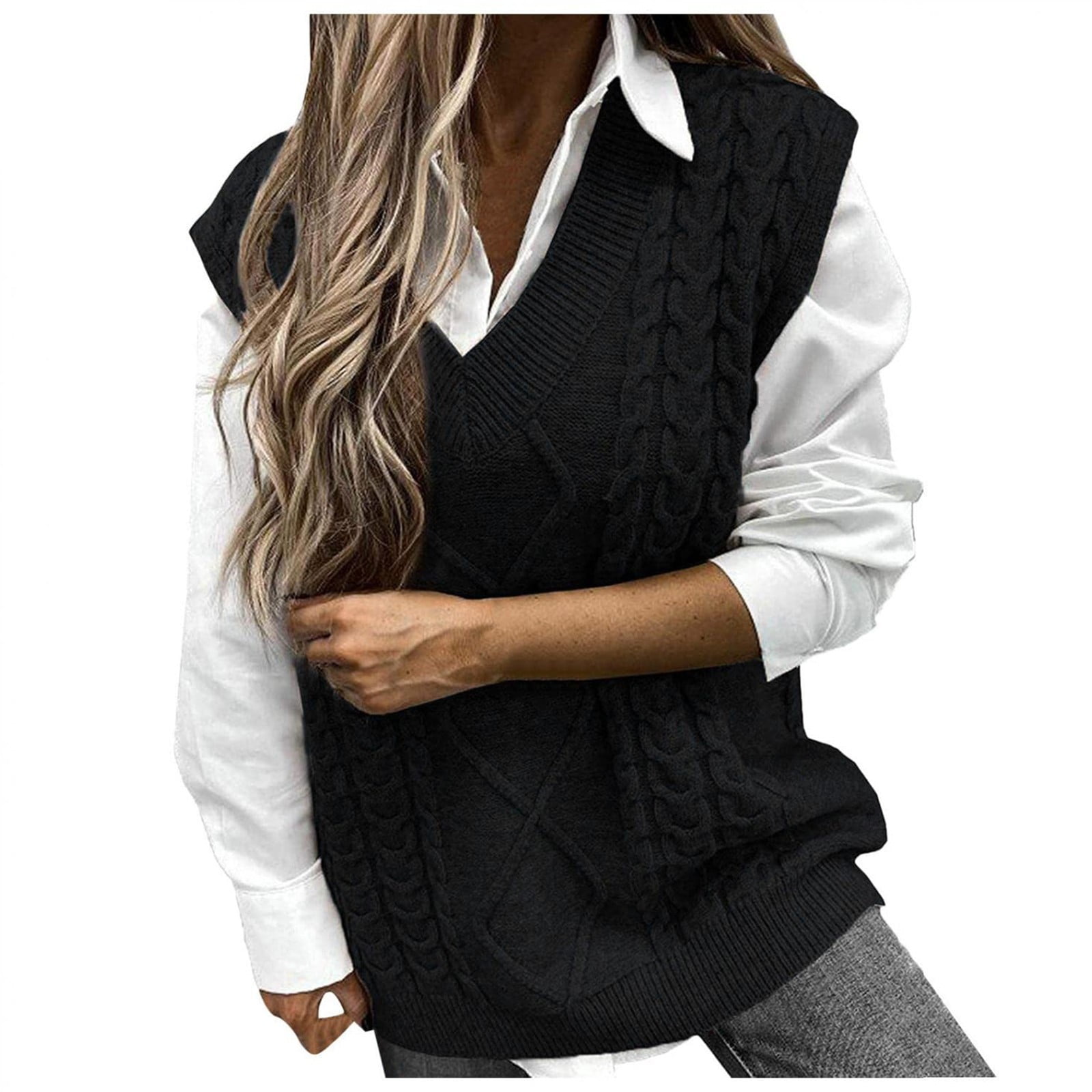 LTTVQM Sweater Vest Women Oversized Cable Knit V Neck Sleeveless
