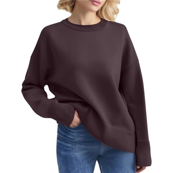 LTTVQM Sweaters for Women 2026 - Crew Neck Long Sleeve Knit Pullover, Basic Spring Fall and Winter Sweater Coffee S