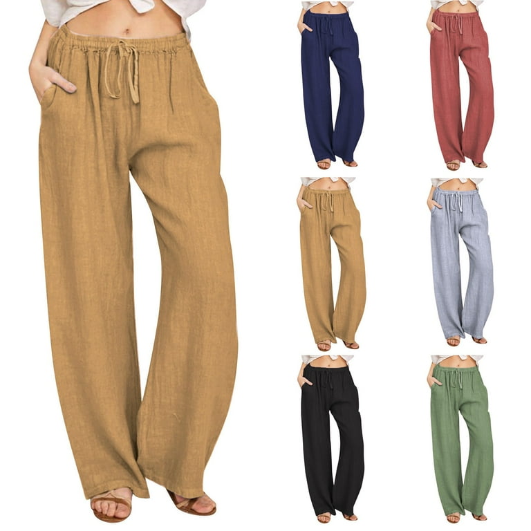 LTTVQM Sweatpants Women Linen Pants 100 Linen Drawstring Elastic Waist Ankle Flowy Casual Length Pants Beach Trousers with Pockets Green M