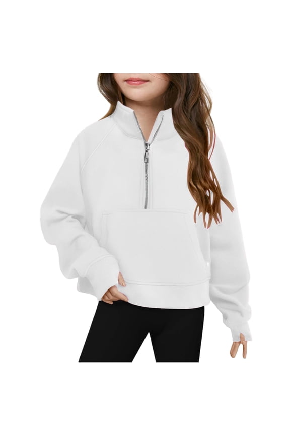 Sweatshirts for Teen Girl Half Zip Up Fleece Fashion Pullover Hoodies with Thumb Hole Cropped Long Sleeve Fall Winter Loose Fit Preppy Outfits White 15-16 Years