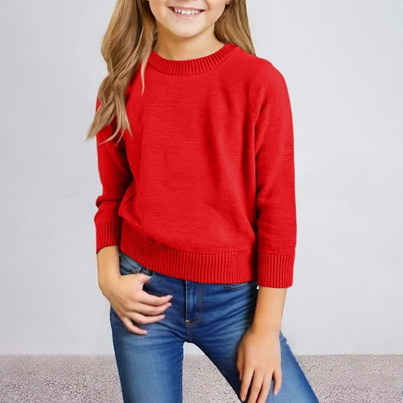LTTVQM Sweatshirts for Toddler Girls Cotton Knit 9-10 Long Sleeve Fall Cute Crewneck Sweaters Comfy Pullover Top Fashion Blouses for Teen Girls Red 9-10