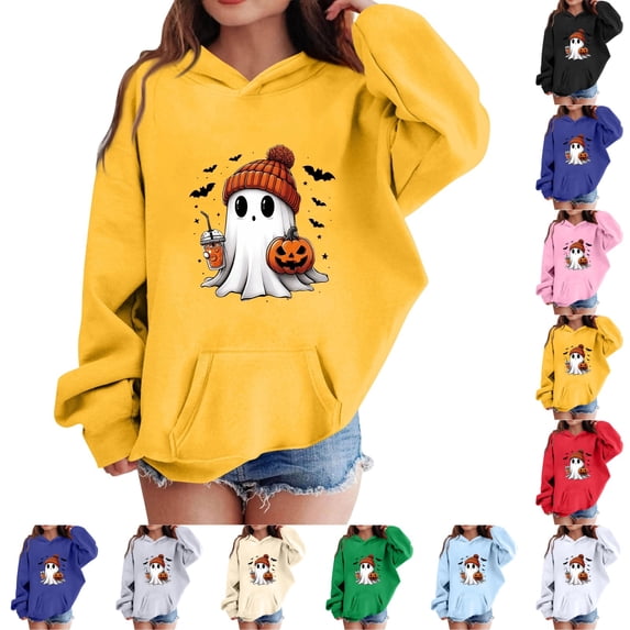 LTTVQM Teen Girls Cotton Cute Hoodies Halloween Ghost Graphic Pullover Sweatshirts Tween Kids Oversized Soft Hoodie Tops Yellow 3-14 Years
