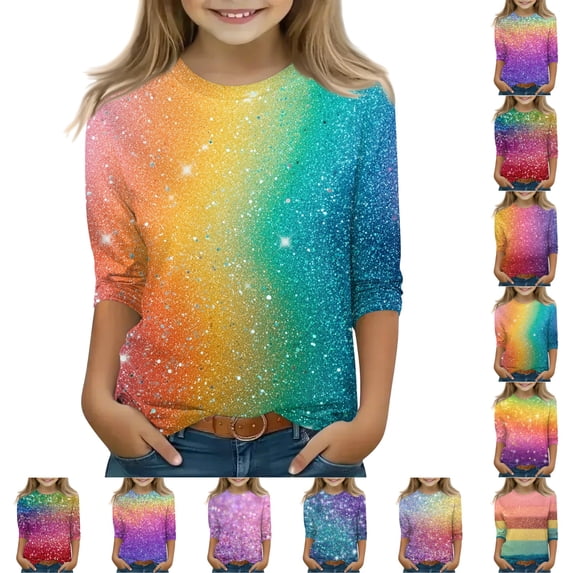 LTTVQM Three Quarter Sleeve Shirts for Girls Funny Fall Casual Rainbow Gradient Print T Shirts Basic Round Neck Blouses Tween Girls Fashion Tops 3-13 Years