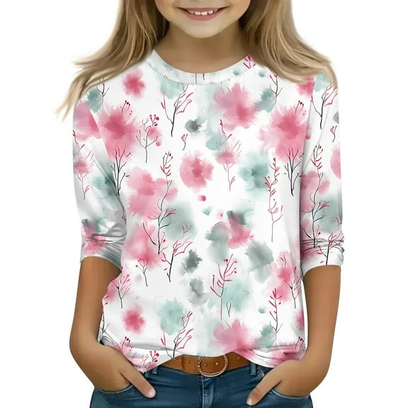 LTTVQM Three Quarter Sleeve Shirts for Girls Winter Cute Floral Graphic Tee Round Neck Holiday Blouse for Girls Trendy Tops Pink 4-5 Years