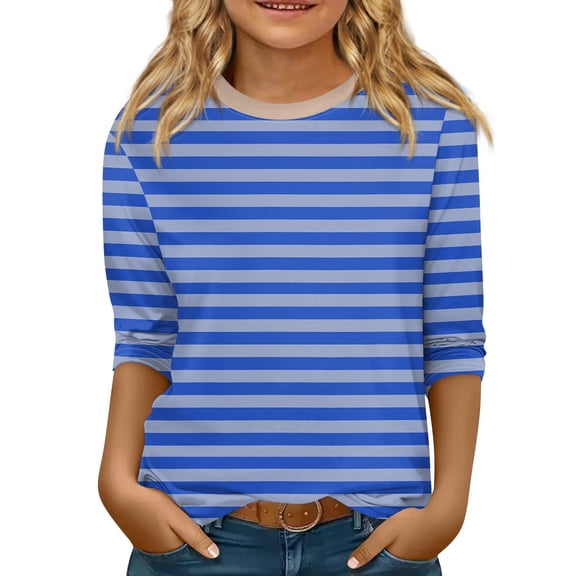 LTTVQM Girls Tops 7-8 Winter Trendy Striped Print Tops 3/4 Length Sleeve Soft Crew Neck Blouse Tween Girls Cute Tunic Tops Blue 7-8 Years