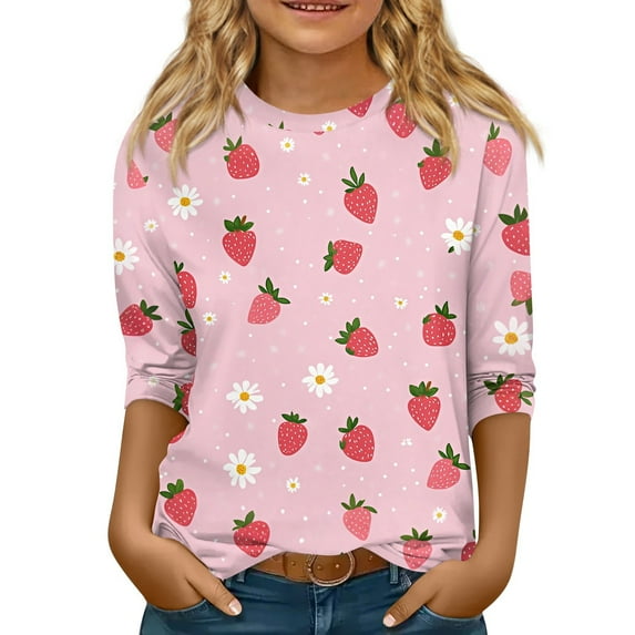LTTVQM Toddler Girls 3/4 Sleeve Tops 9-10 Casual Strawberry Print T-Shirts Comfortable Crew Neck Blouse Tween Girls Winter Fashion Tops Pink 9-10 Years