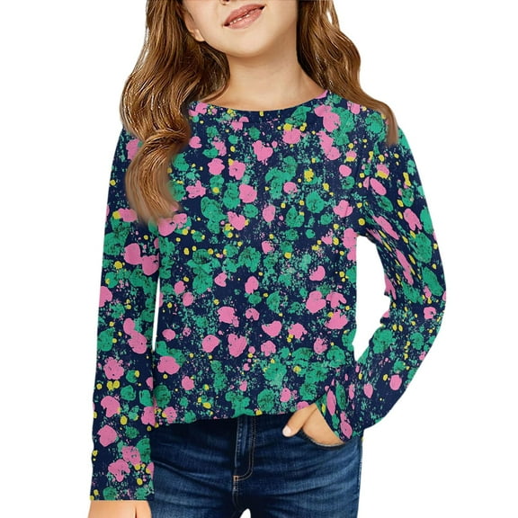 LTTVQM Toddler Girls Long Sleeve Shirts 11-12 Casual Winter Floral Print Tunic Tops Cute Crew Neck Pullover Soft T-Shirts Navy 11-12 Years
