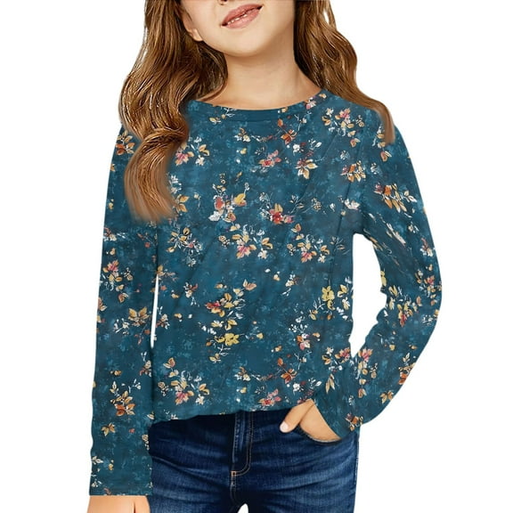 LTTVQM Toddler Girls Winter Shirts 3-4 Long Sleeve Casual Floral Print Tunic Tops Loose Fit Round Neck Pullover Holiday Shirts Navy 3-4 Years