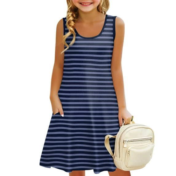 LTTVQM Toddlers Girls Dresses 2025 Casual Sleeveless Sundresses Vacation Striped Tank Dresses Fashion Crew Neck Midi Dresses with Pockets Dark Blue 5-6