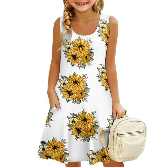 LTTVQM Toddlers Girls Dresses Spring Sleeveless Sundress Loose Fit Sunflower Print Tank Dress Basic Round Neck Midi Dresses with Pocket Dark Purple 7-8