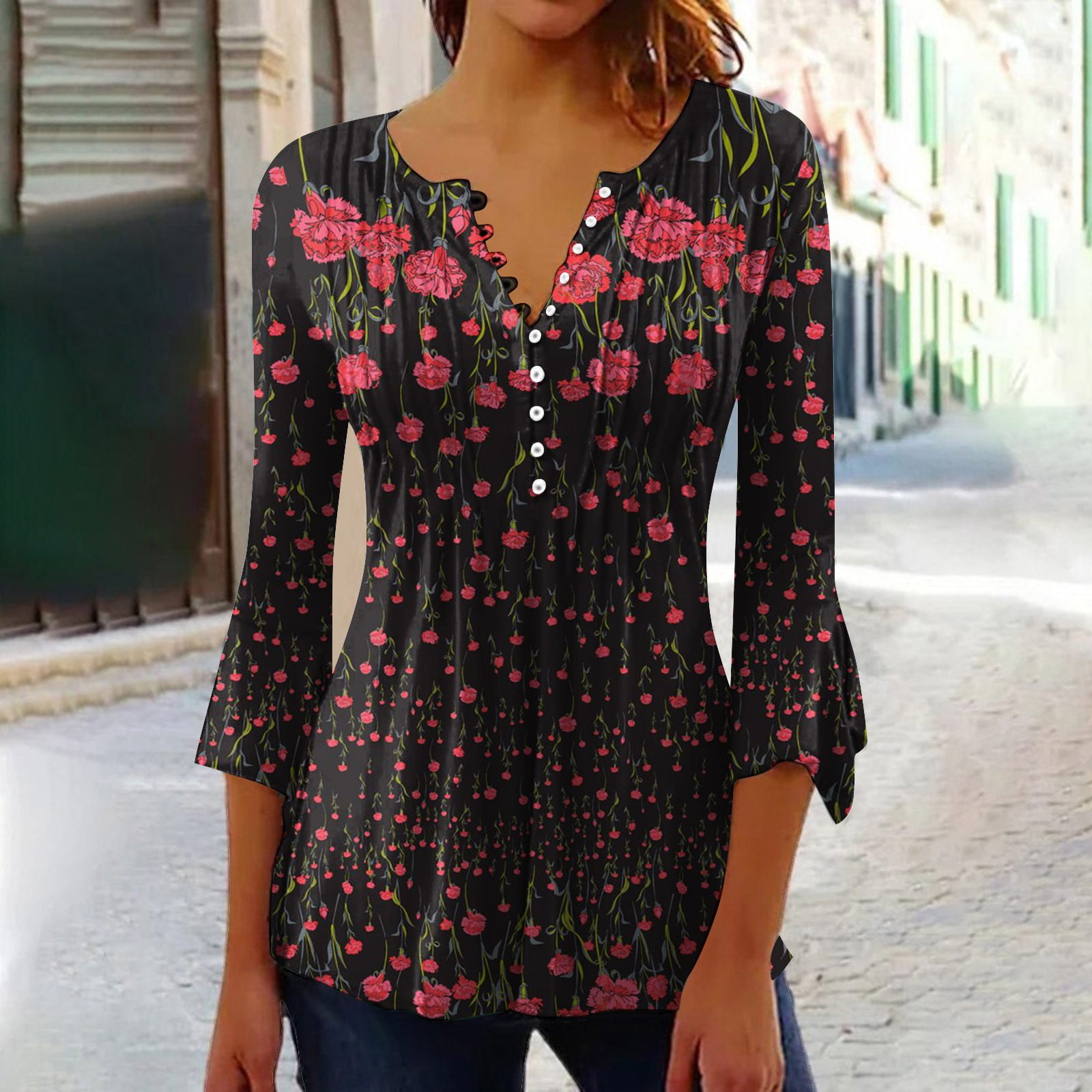 Sleeve Floral Tunic Tops To Wear Over Leggings 3/4 Sleeve Tops For - Main Image