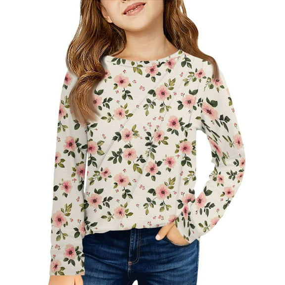 LTTVQM Tunic Tops for Girls 4-5 Long Sleeve Casual Winter Floral Print Tunic Blouses Cute Crew Neck Pullover Holiday Shirts Beige 4-5 Years