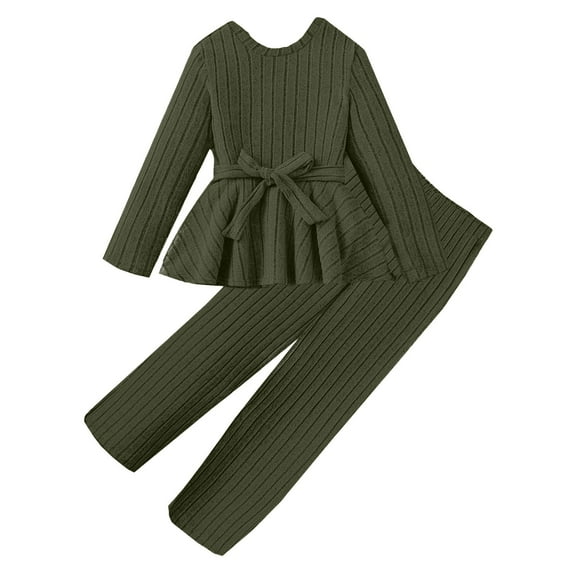 LTTVQM Two Piece Sets Girls 8-12 Cotton Soft Long Sleeve Knit Tops & Trendy Long Pants for Kids Girls Fall Winter Sets Outfits Army Green 10 Years