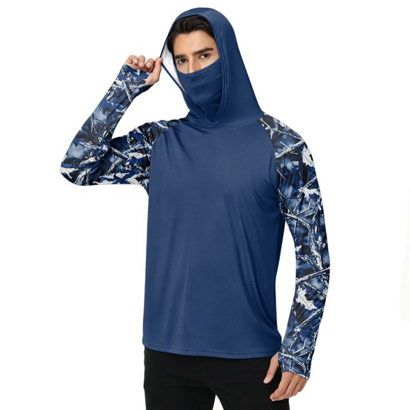 LTTVQM UPF 50+ Breathable Hooded Rash Guard Raglan Woodland Forest Camo Print Integrated Face Cover Light Cooling Pullover for All Outdoor Hunting Recreation Activities Dark Blue M