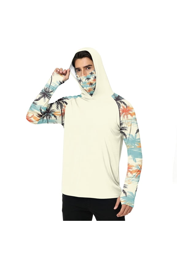 UPF 50+ Integrated Neck Mask Light Cooling Hooded Long Sleeve Top Clean Wood Realtree Camo Raglan Print Breathable Loose Cut Mountain Trekking Hunting Wear Beige 2XL