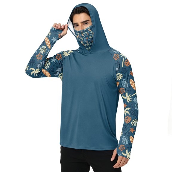 LTTVQM UPF 50 Light Thin UV Protection Hooded Rash Guard Built-in Full Face Gaiter Simple Forest Tree Camo Splice Print Loose Cut Beach Fishing Hiking Hunting Outfit Dark Blue 3XL