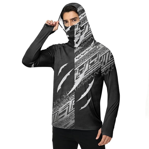 LTTVQM UPF 50 Sun Safe Hooded Top Full Length Sleeve Rash Guard with Connected Face Cover for Saltwater Fishing & Mountain Hiking Black 4XL