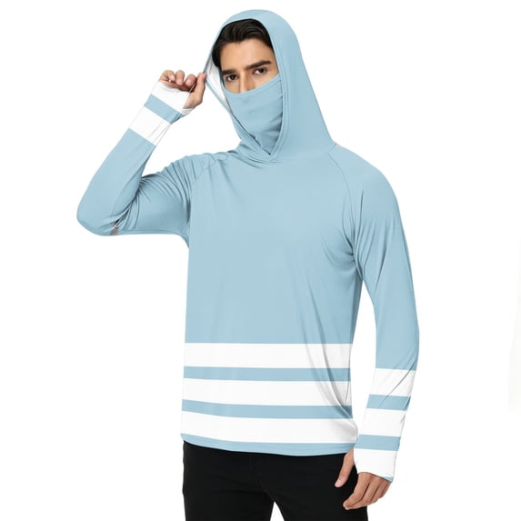 LTTVQM Unisex Adult Lightweight Full Sun Protection Hooded Long Sleeve Pullover Clean Dual Color Band Stripe Print Attached Face Mask Trekking Boating Top Light Blue XL