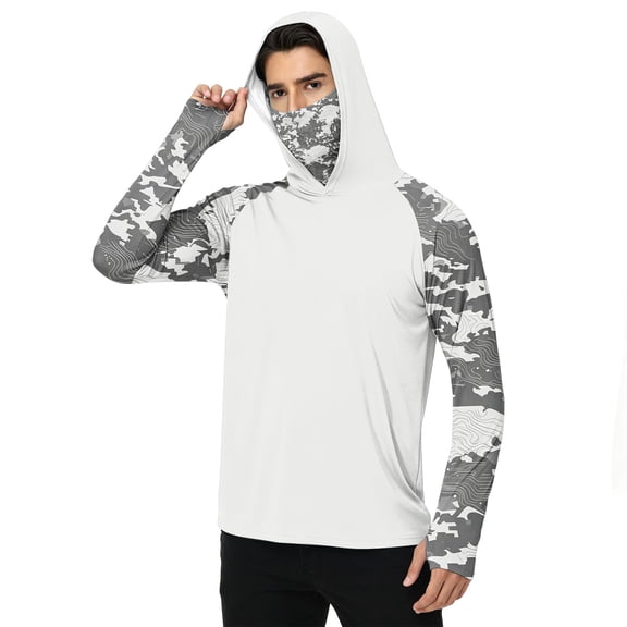 LTTVQM Unisex Adult UV Block Rash Guard Hooded Style Simple Forest Realtree Camo Raglan Print Built-in Neck Mask Loose Cut Kayaking Sea Fishing Hunting Outfit White 2XL