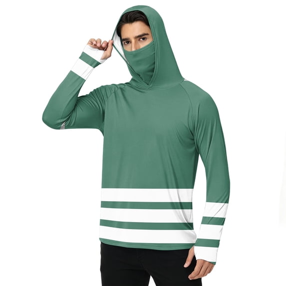 LTTVQM Unisex Adult UV Guard Long Sleeve Hooded Top Simple Horizontal Band Stripe Print Full Coverage Face Gaiter Design Light Thin Camping Fishing Wear Dark Green 4XL