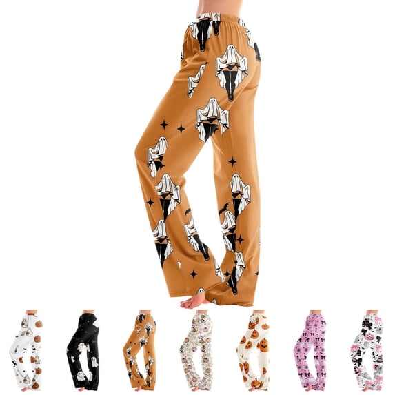 LTTVQM Unisex Halloween Pajama Pants Pumpkin Ghost Spider Print Elastic Waist Baggy Straight Leg Loungewear Soft Sleep Bottoms Trousers
