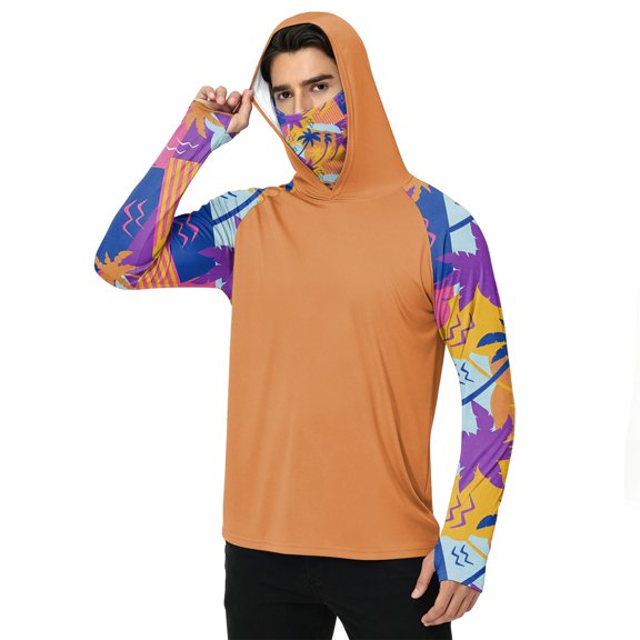 LTTVQM Unisex Loose Fit Sun Block Long Sleeve Hooded Top Solid Body Tree Camo Sleeve Print Built-in Neck Mask Breathable All Hunting Outdoor Activities Shirt Saffron 3XL