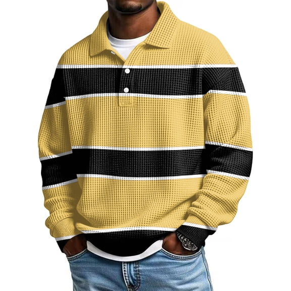 LTTVQM Waffle Long Sleeve Polo Shirts for Men Plus Size 2026 Golf Shirt Casual Collared Heavyweight T Shirts Textured Knit Tops Yellow 5XL