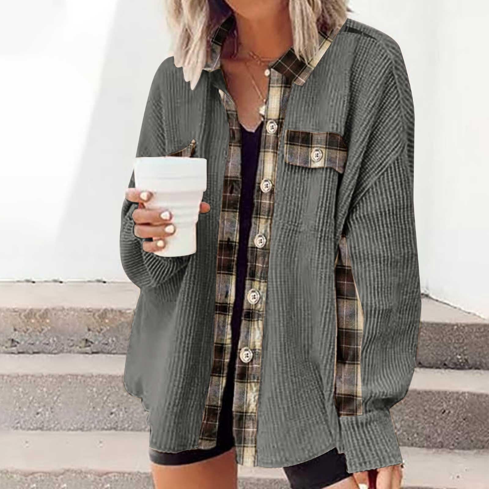 LTTVQM Waffle Shacket Women Color Block Waffle Knit Button Down Shirt