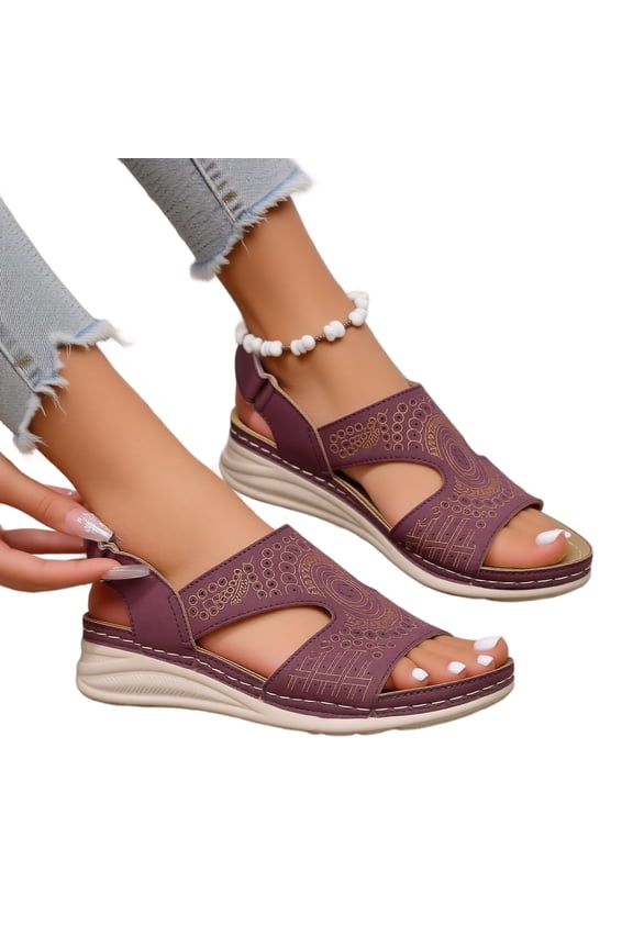 Wedge Sandals Women 2026 Dressy Summer Comfortable Ankle Strap Slip On Sandals Hollow Out Open Toe Low Heel Platform Lounge Shoes Dark Purple 38(US-7)