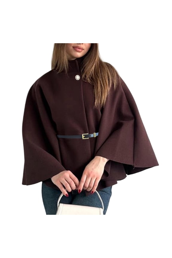 Winter Coats for Women Elegant Stand Collar Wool Blend Batwing Poncho Cape Jacket Outerwear with Belt Brown S