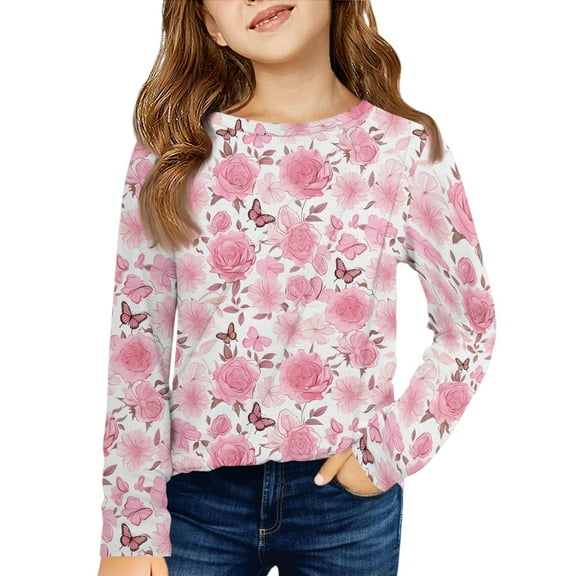 LTTVQM Winter Shirts for Toddler Girls 4-5 Long Sleeve Casual Floral Print Tunic Tops Basic Crew Neck Blouses Trendy T-Shirts Pink 4-5 Years