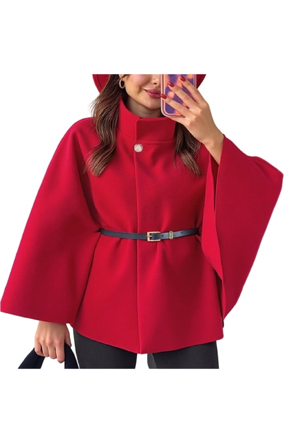 Women Batwing Sleeve Ponchos Pea Coat Stand Collar Capes Jacket Cloak Elegant Wool Coat with Belt Red 2XL