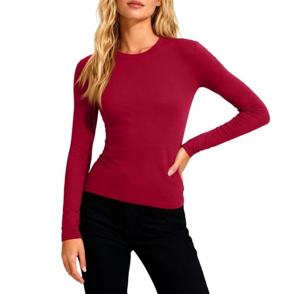 LTTVQM Women Crew Neck Tops Cotton Long Sleeve Underscrubs Tee Slim Fitted Fall Spring Y2K Clothes Outfits 2026 Deep Red M