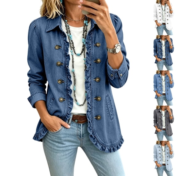 LTTVQM Women Long Sleeve Ruffled Denim Jacket Button Down Open Front Cropped Jean Top Coat