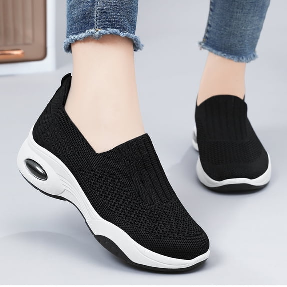 LTTVQM Women Orthopedic Sneakers Air Cushion Wedge Walking Shoes Slip On Non Slip with Arch Support Low Top 2026 Orthopedic Shoes Black 40(US-8)