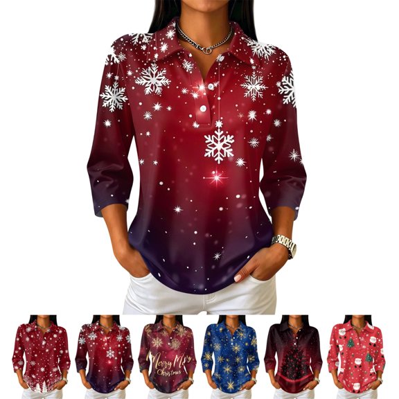 LTTVQM Women's Blouses Merry Christmas Holiday 3/4 Sleeve Collared Half‑Button Polo Hanging Ornament Print Relaxed Daily Wear Shirts