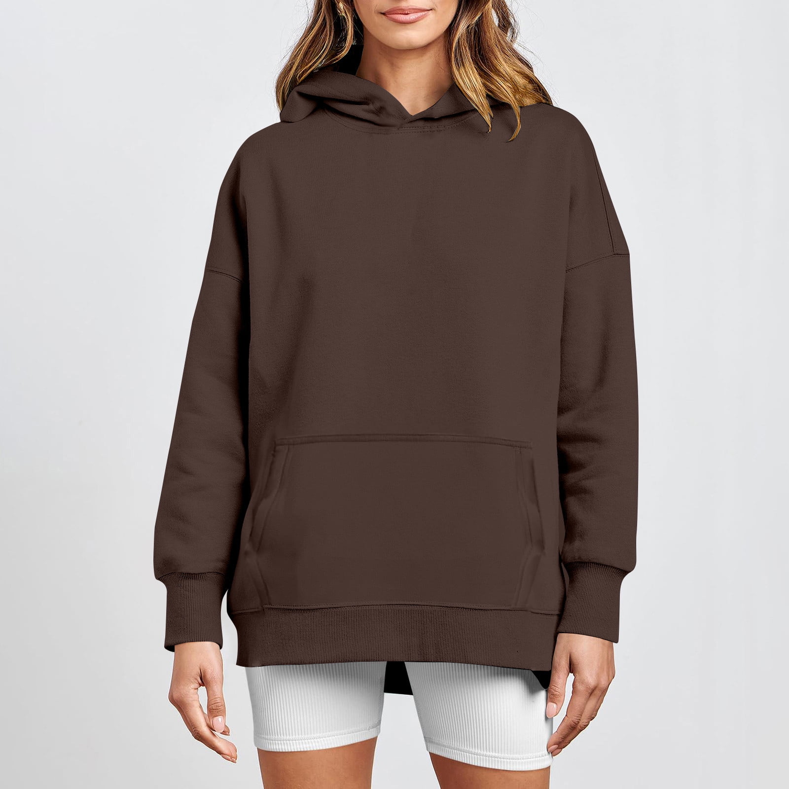 LTTVQM Women's Camo Hoodie Brown Solid Color Oversized Sweatshirt Fleece Hooded Sweatshirts with