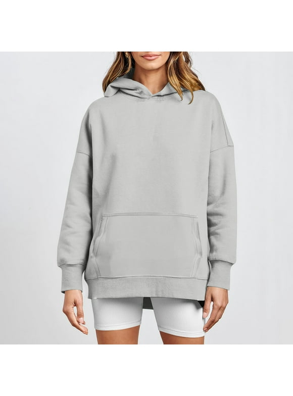LTTVQM Women's Camo Hoodie Gray Solid Color Oversized Sweatshirt Fleece Hooded Sweatshirts with Pocket Casual Fall Pullover,Gray S