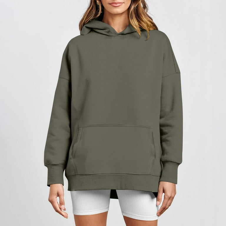 LTTVQM Women s Camo Hoodie Green Solid Color Oversized Sweatshirt Fleece Hooded Sweatshirts with Pocket Casual Fall Pullover Dark Green L Walmart