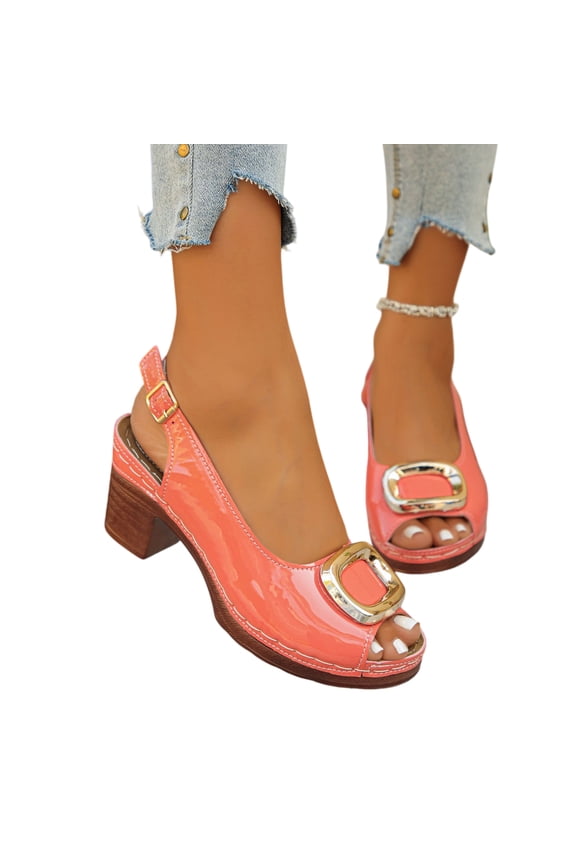 Women's Chunky Heel Sandals 2026 Slip On Slingback Comfortable Leather Insole Adjustable Strap Casual Summer Trendy Shoes Watermelon Red 41(US-8.5)