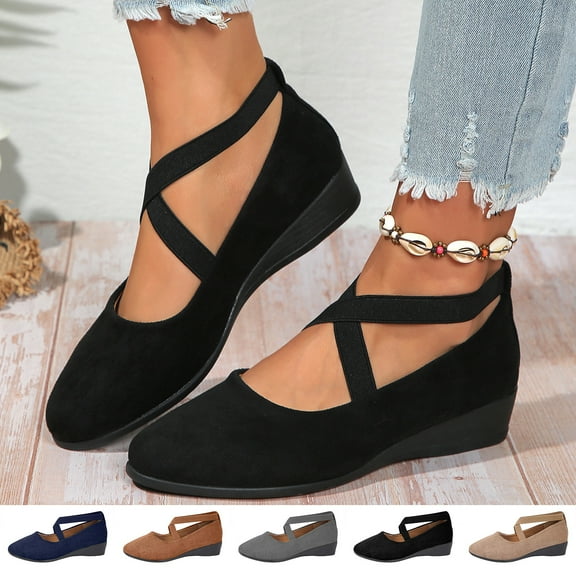 LTTVQM Women's Dress Flats Ballet Low Wedge Round Toe Fashion Elastic Ankle Strap Comfortable Casual Flats Shoes 35(US-5)