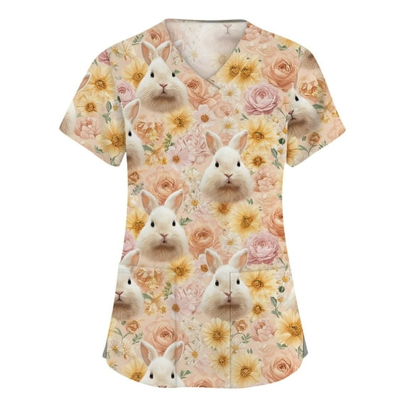 LTTVQM Women's Easter Scrub Tops 2026 Bunny Eggs Print Cute Short Sleeve Scrub Tops Casual V-Neck Trendy Tops with Pockets Khaki S